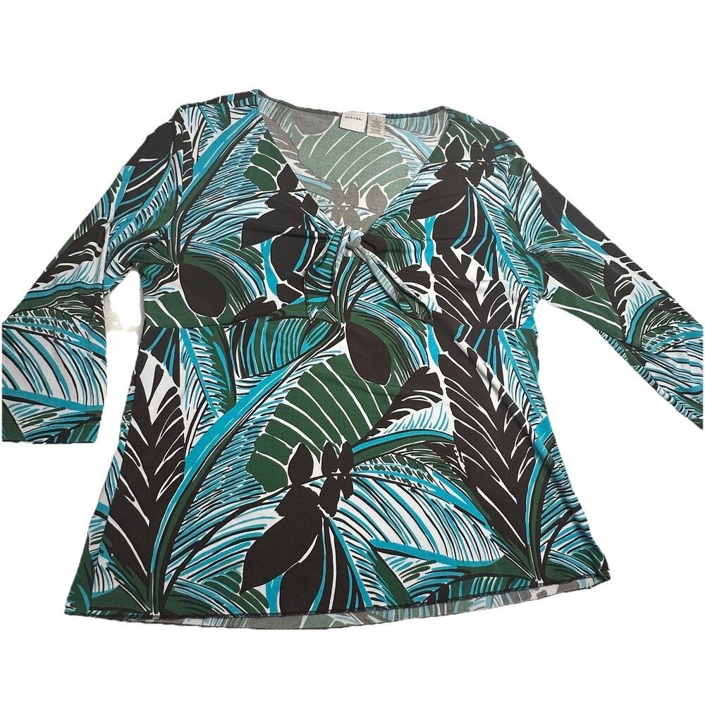 Merona Women’s Brown Green Floral 3/4 Sleeve Top Stretch Business Casual Large - Picture 1 of 4